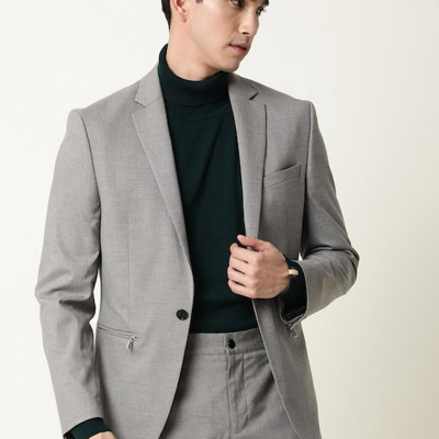 Men Grey Solid Single-Breasted Slim-Fit Formal Blazer