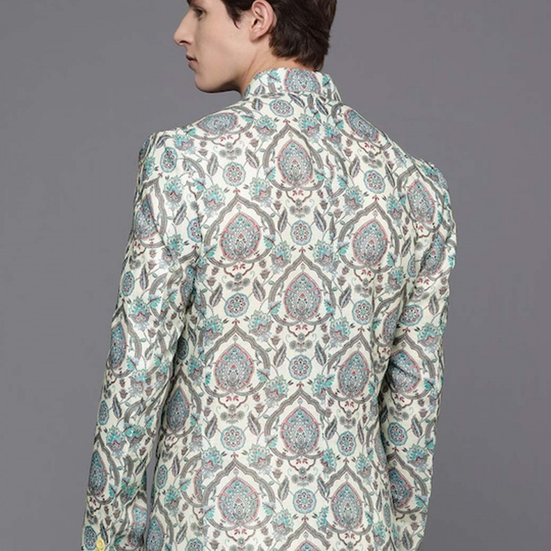 Men Cream Coloured & Green Printed Blazer