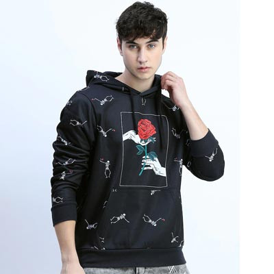 Men Black Printed Hooded Sweatshirt