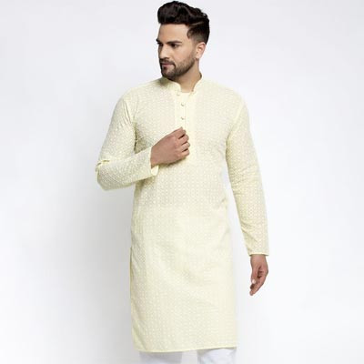 Yellow Floral Embroidered Thread Work Cotton Kurta