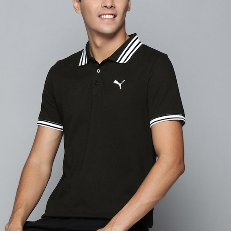 Men Black & White Printed Polo Collar Casual T-shirt