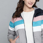 Women Grey & Navy Blue Striped Bomber Jacket