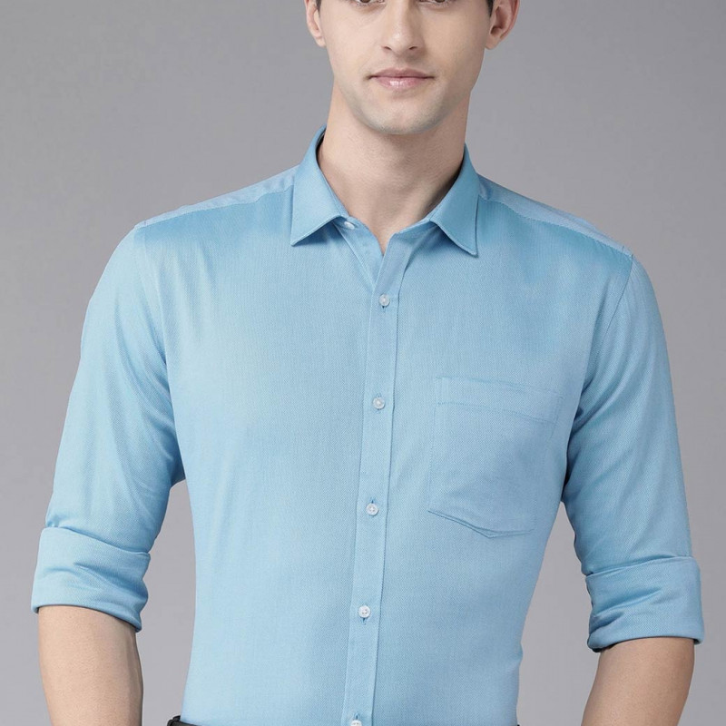 Men Blue Solid Pure Cotton Slim Fit Formal Shirt